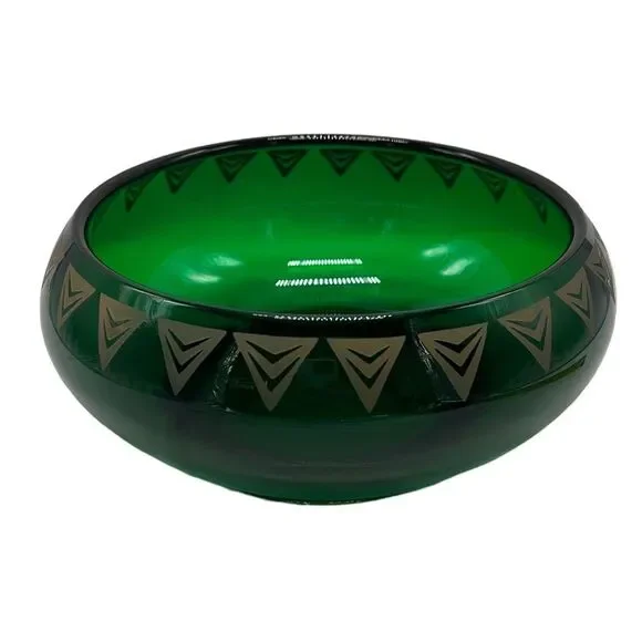 Dalzell Viking Bowl Epic Line Vintage Green Glass Geometric Gold Triangles MCM